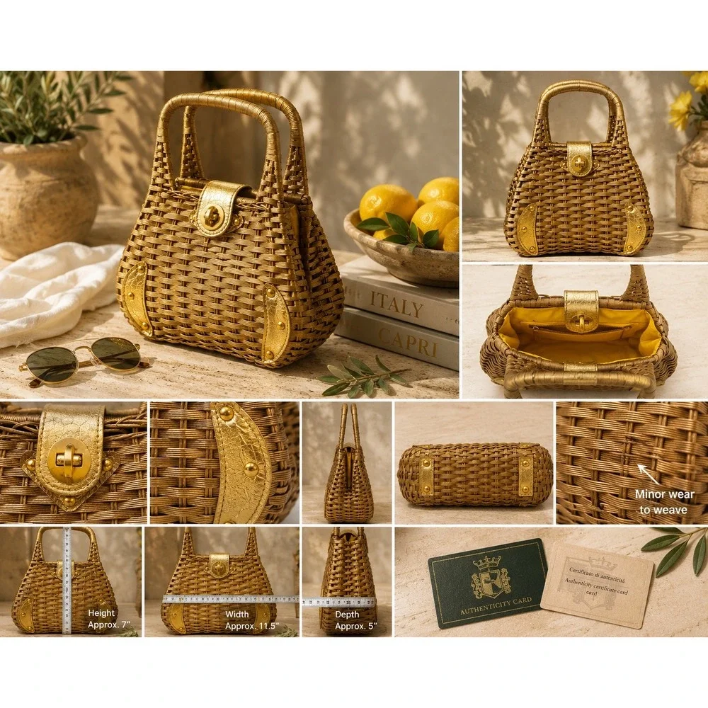 Metallic Gold Wicker Handbag Structured Top Handle Basket Bag Yellow Lining